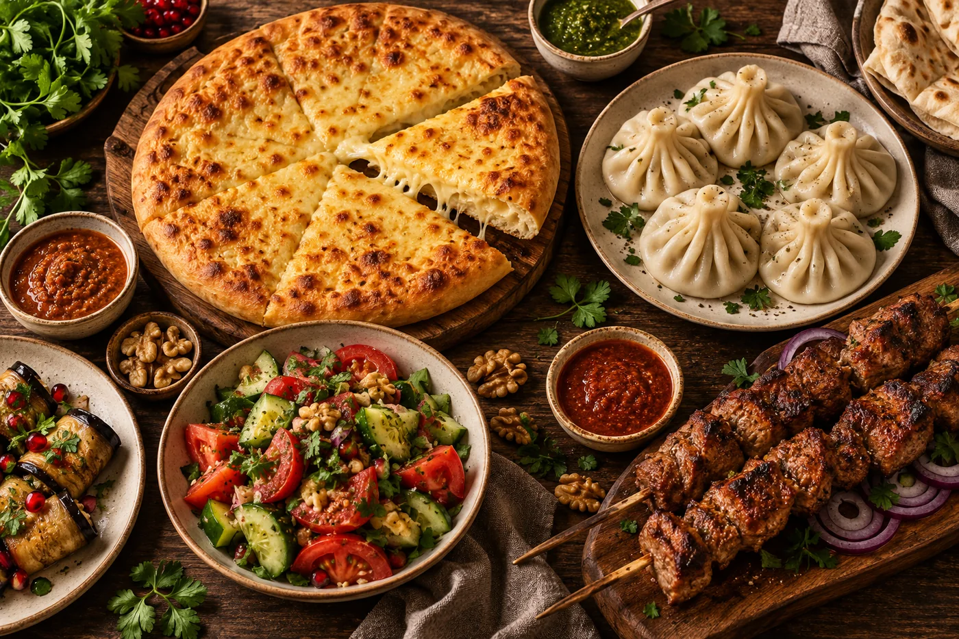Illustrative Georgian dishes arranged for sharing