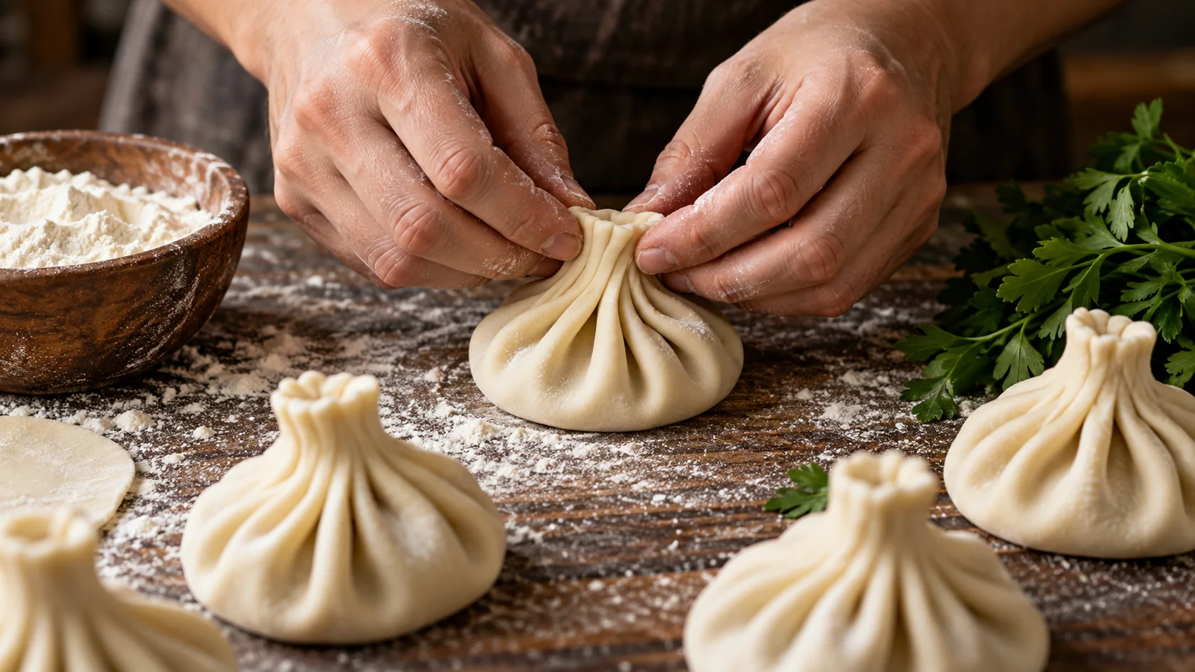 Illustrative close-up of hands shaping Georgian khinkali